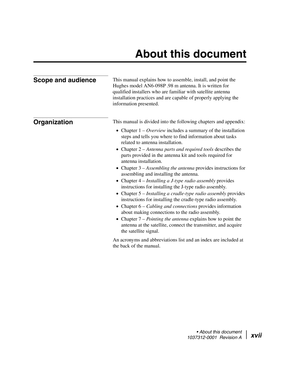 Hughes AN6-098P installation manual About this document, Scope and audience Organization 