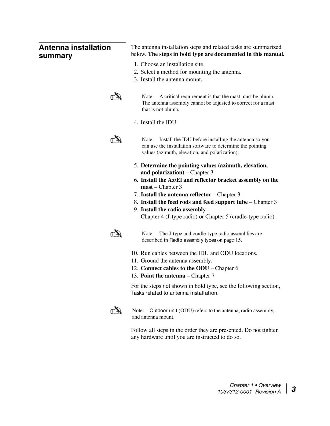 Hughes AN6-098P Antenna installation summary, Connect cables to the ODU Chapter Point the antenna Chapter 