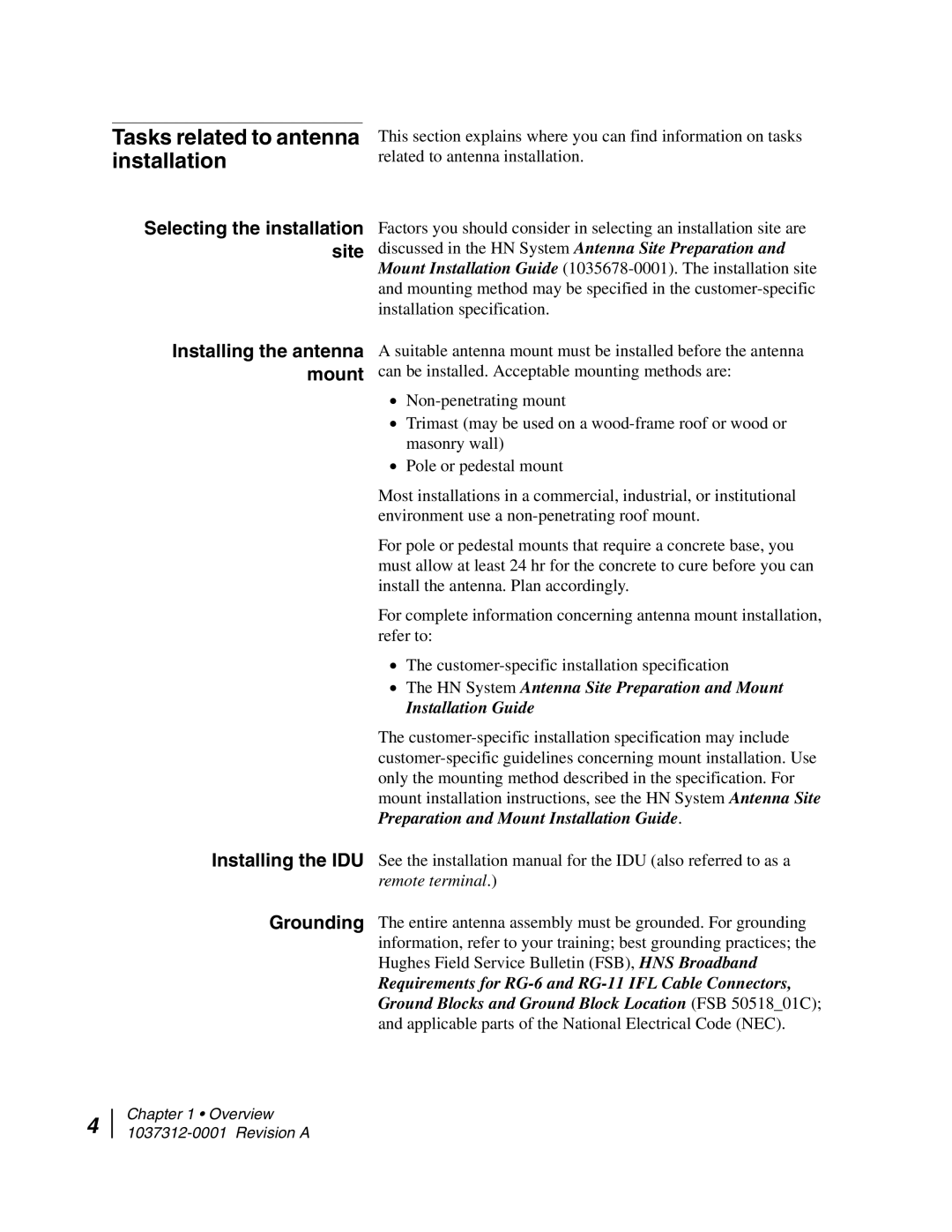 Hughes AN6-098P Tasks related to antenna installation, Selecting the installation site, Installing the antenna mount 