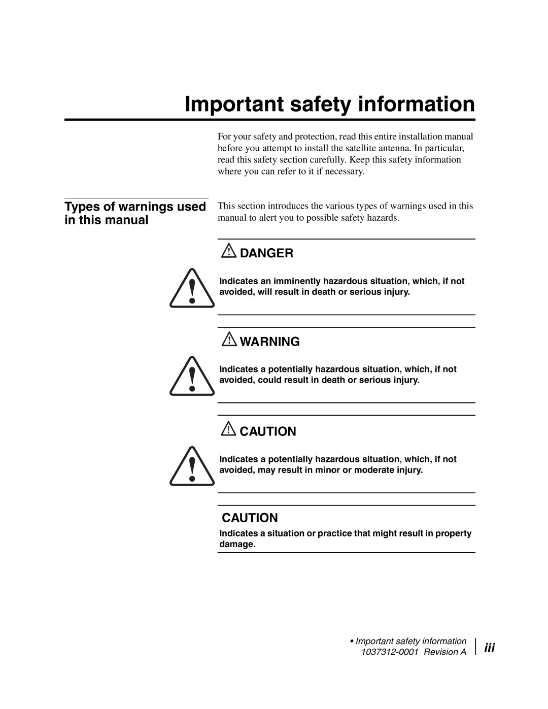 Hughes AN6-098P installation manual Important safety information, Types of warnings used in this manual 