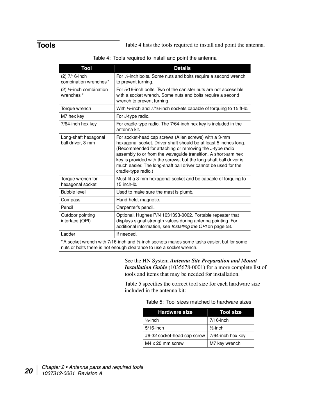 Hughes AN6-098P installation manual Tools, Lists the tools required to install and point the antenna 