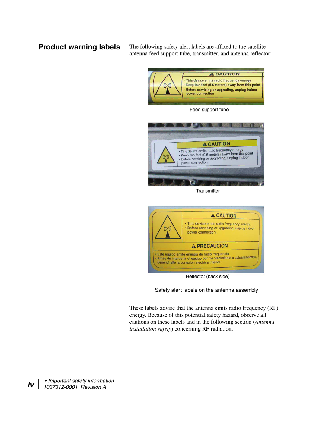 Hughes AN6-098P installation manual Safety alert labels on the antenna assembly 