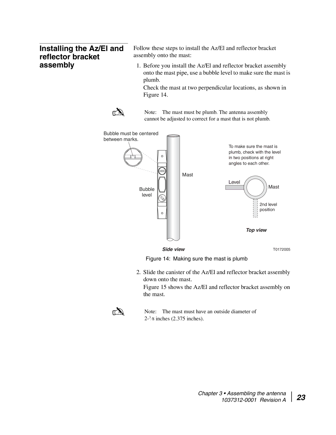 Hughes AN6-098P installation manual Installing the Az/El and reflector bracket assembly, Side view 