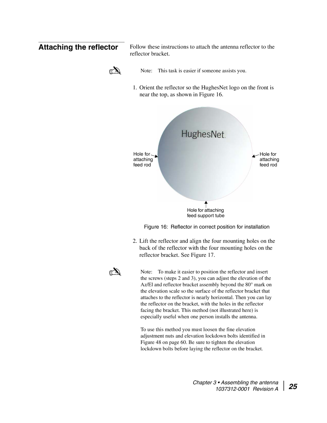 Hughes AN6-098P installation manual Attaching the reflector, Reflector in correct position for installation 