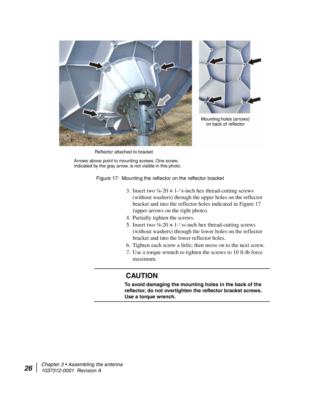 Hughes AN6-098P installation manual Mounting the reflector on the reflector bracket 