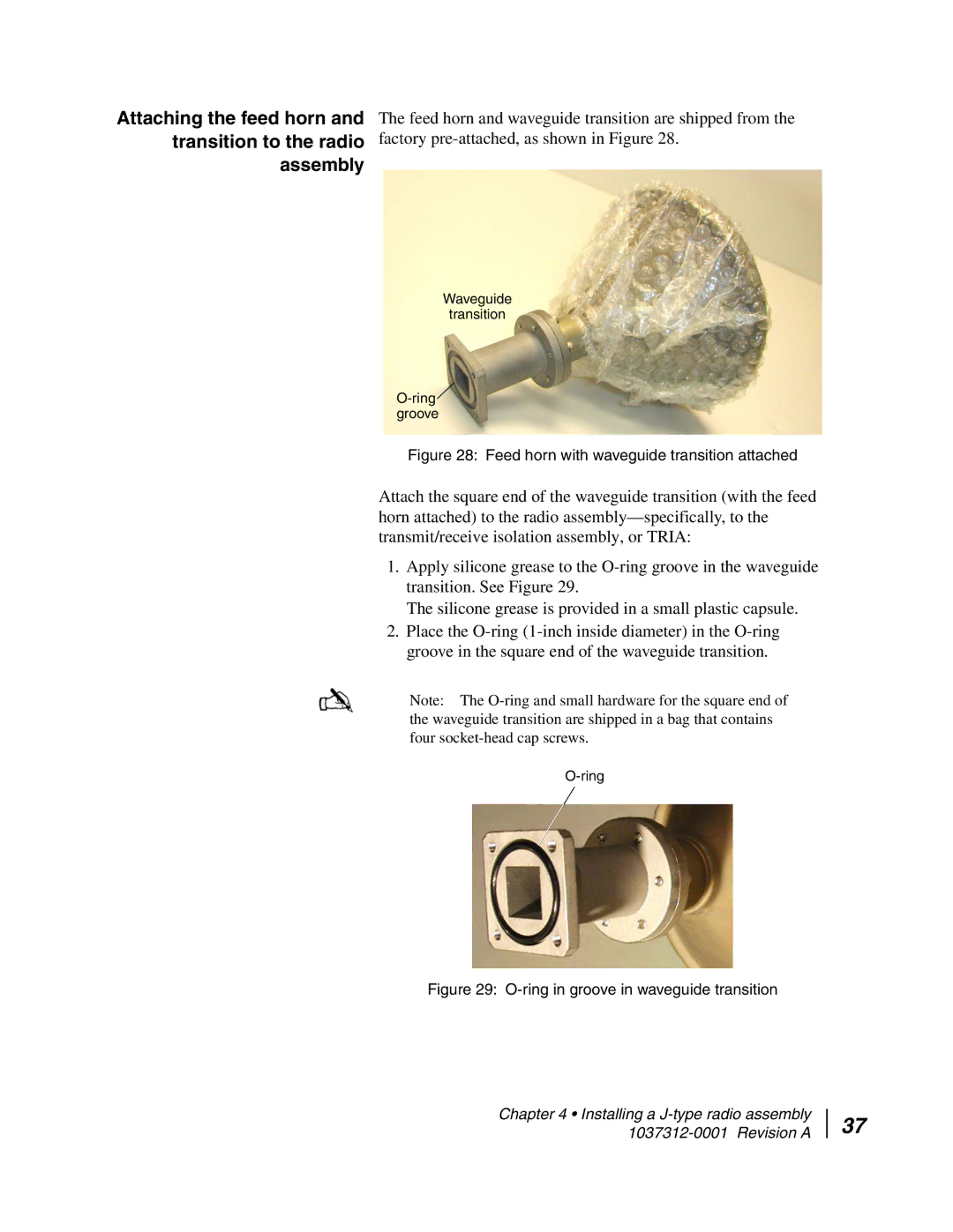 Hughes AN6-098P installation manual Attaching the feed horn and transition to the radio assembly 