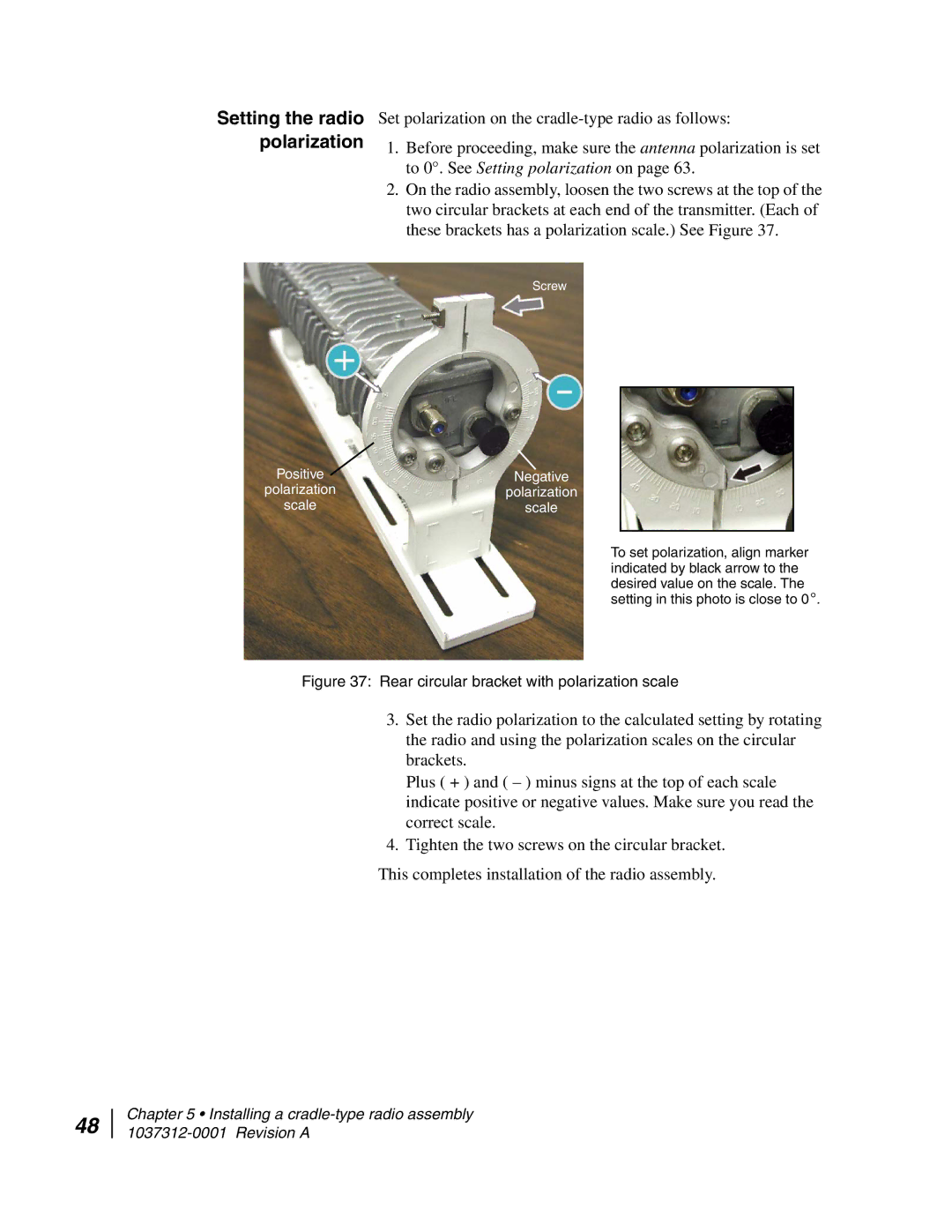 Hughes AN6-098P installation manual Setting the radio polarization, Rear circular bracket with polarization scale 