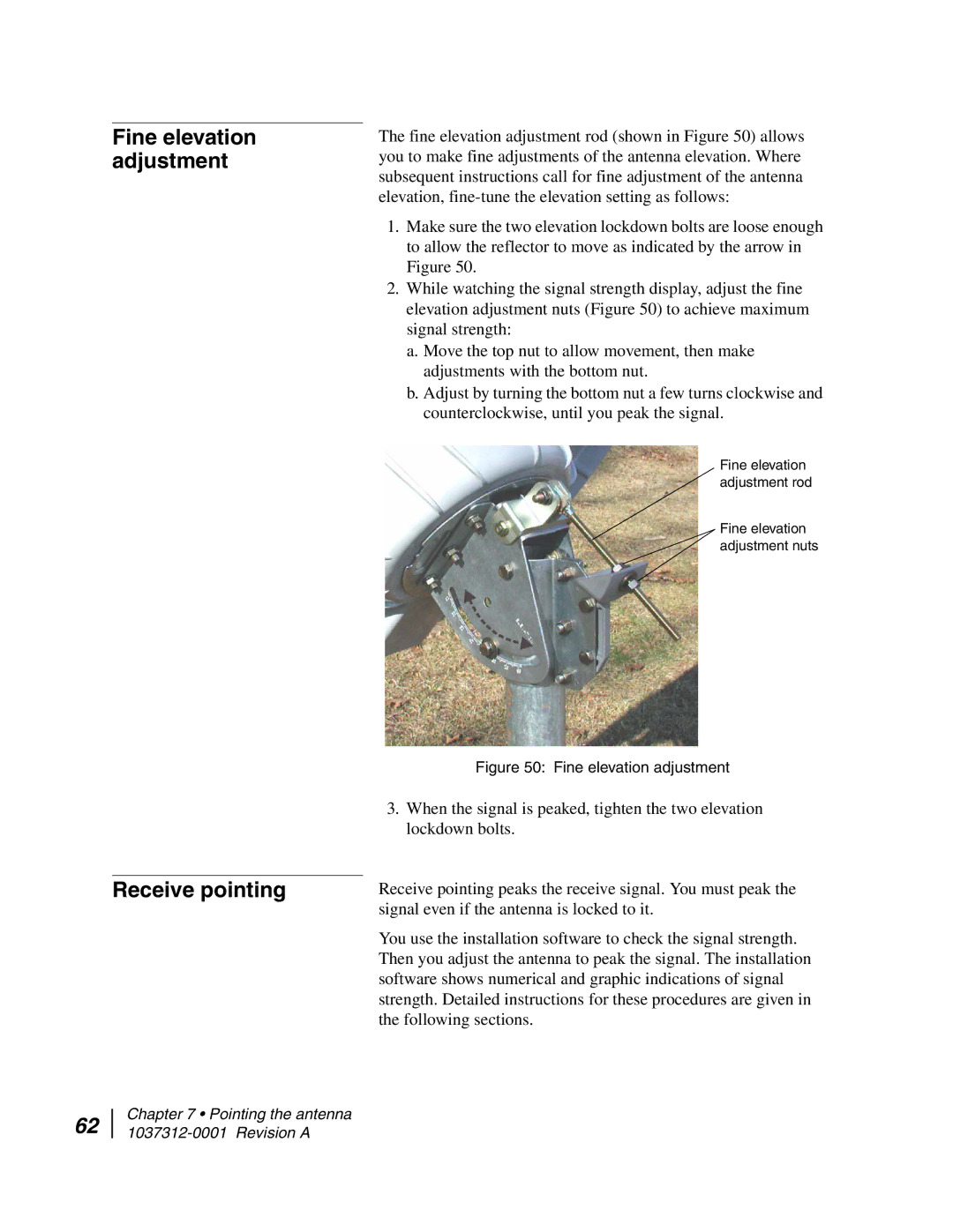 Hughes AN6-098P installation manual Fine elevation adjustment Receive pointing 