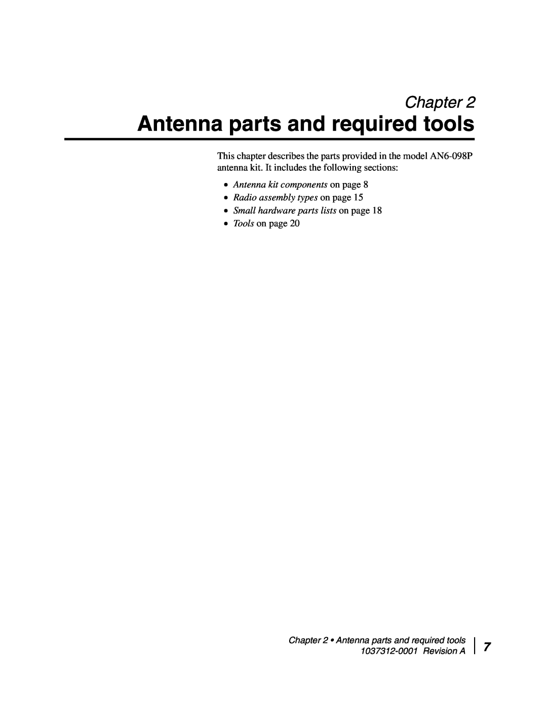 Hughes AN6-098P installation manual Antenna parts and required tools, Chapter, Tools on page 