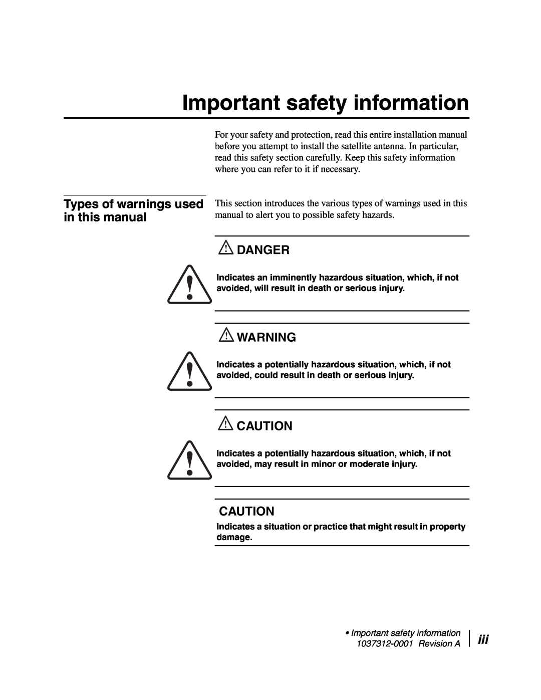 Hughes AN6-098P installation manual Important safety information, Types of warnings used in this manual, Danger 
