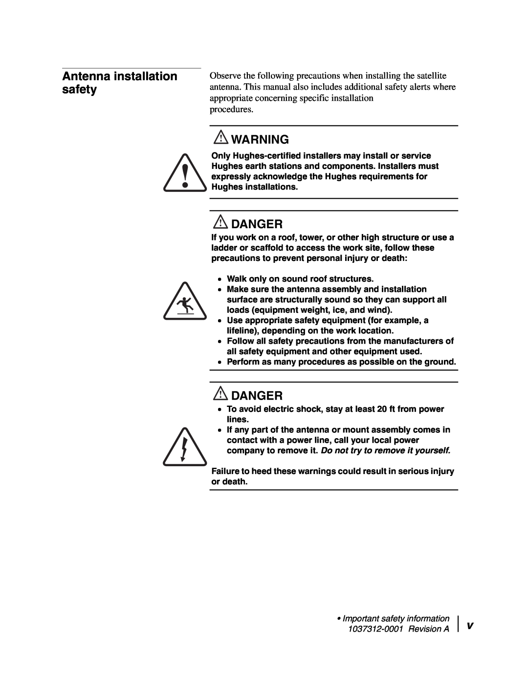 Hughes AN6-098P installation manual Antenna installation safety, Danger, procedures 