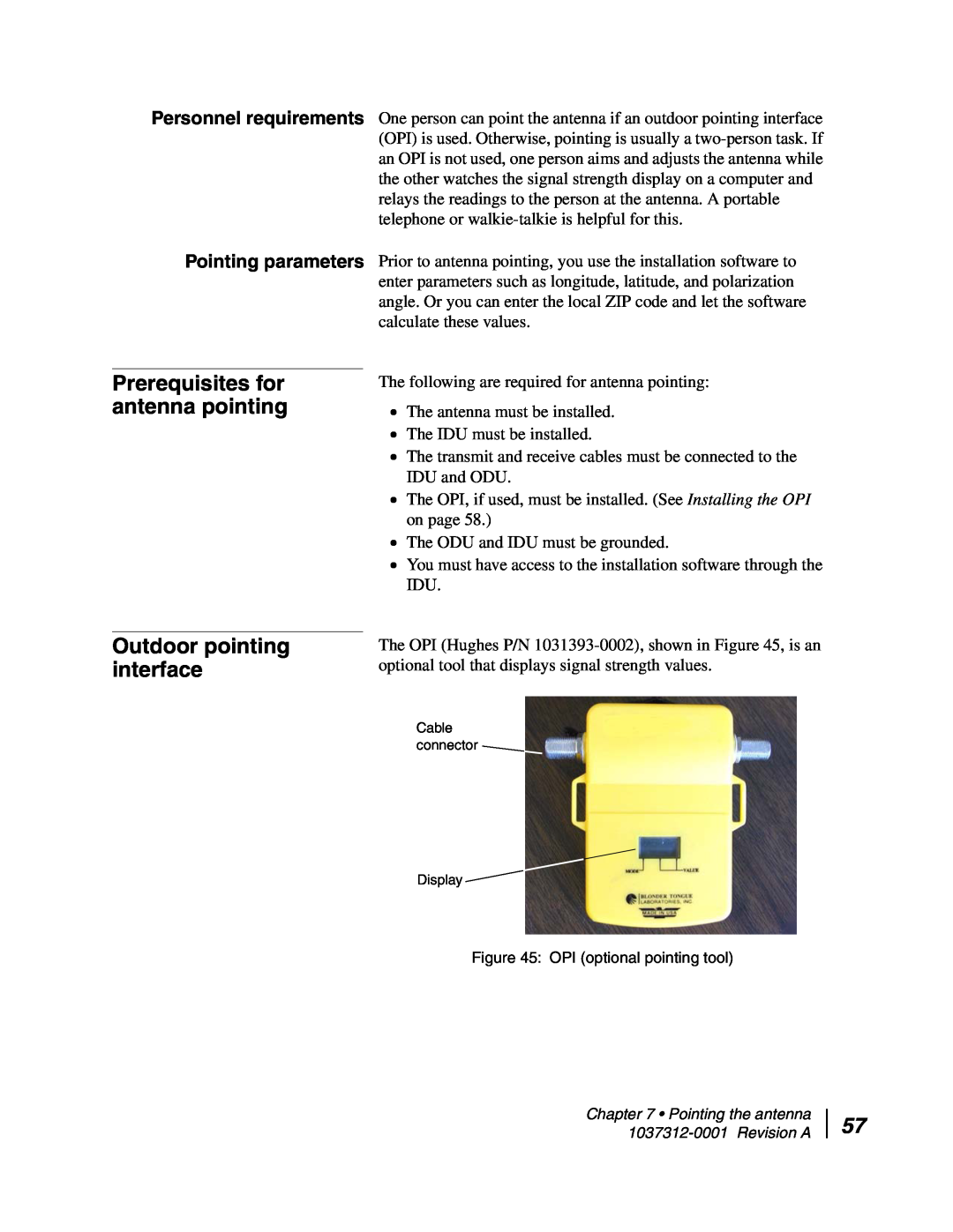 Hughes AN6-098P installation manual Prerequisites for antenna pointing, Outdoor pointing interface 