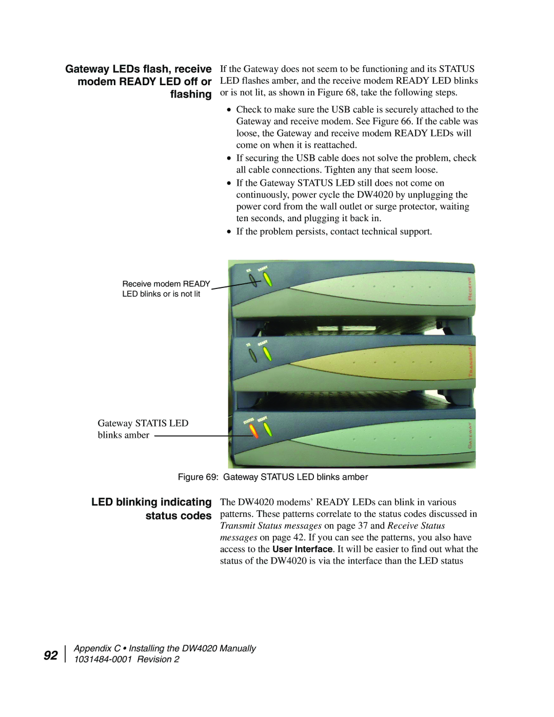 Hughes DW4020 manual Gateway LEDs flash, receive modem Ready LED off or flashing 