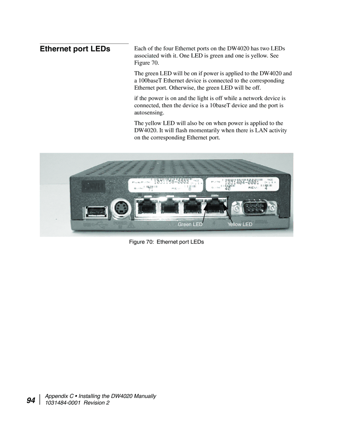 Hughes DW4020 manual Ethernet port LEDs 