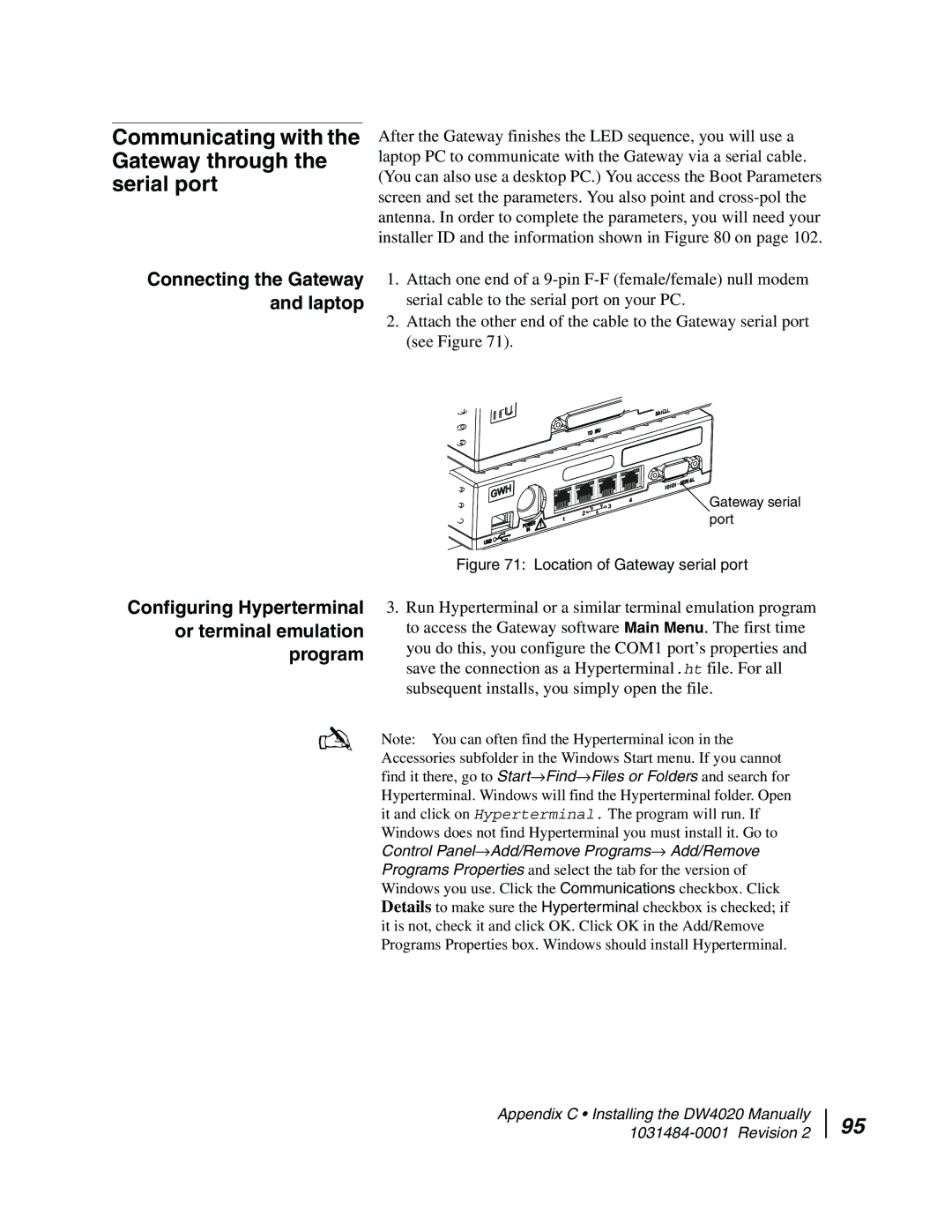 Hughes DW4020 manual Communicating with the Gateway through the serial port 