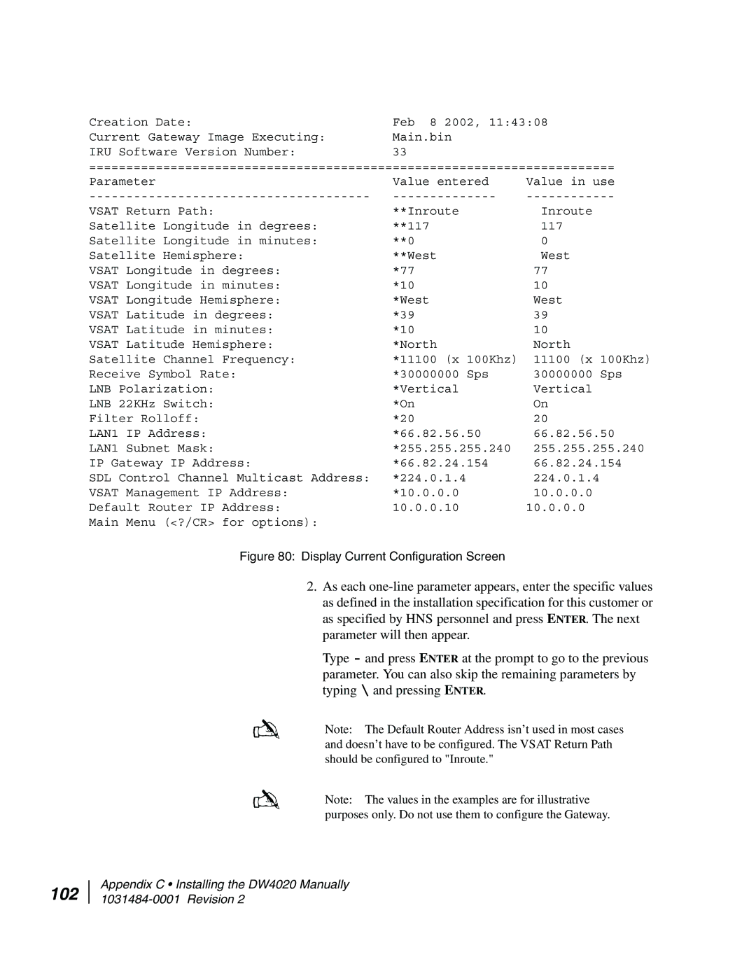 Hughes DW4020 manual 102, Display Current Configuration Screen 