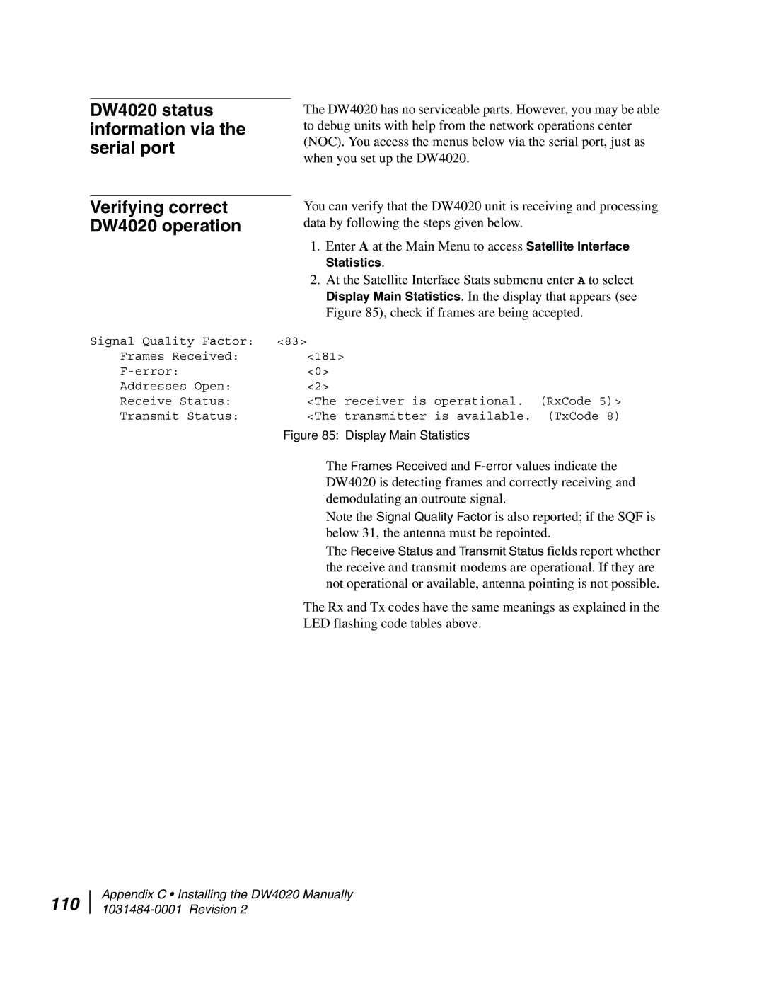 Hughes manual DW4020 status information via the serial port, 110 