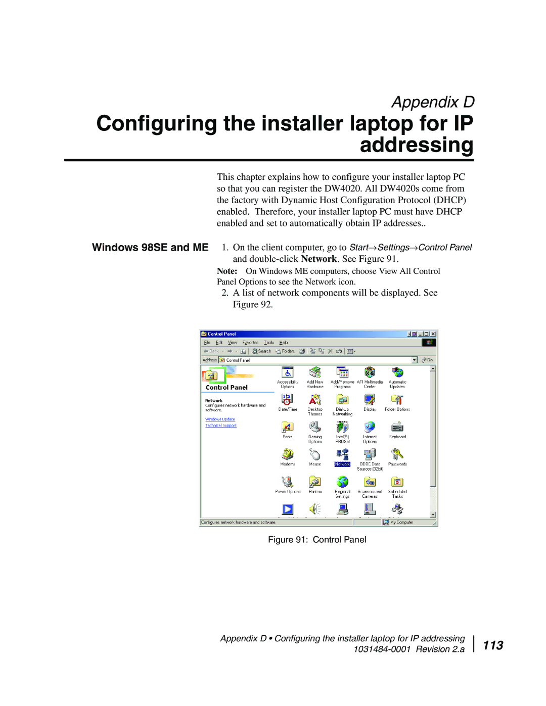 Hughes DW4020 manual Configuring the installer laptop for IP addressing, 113 