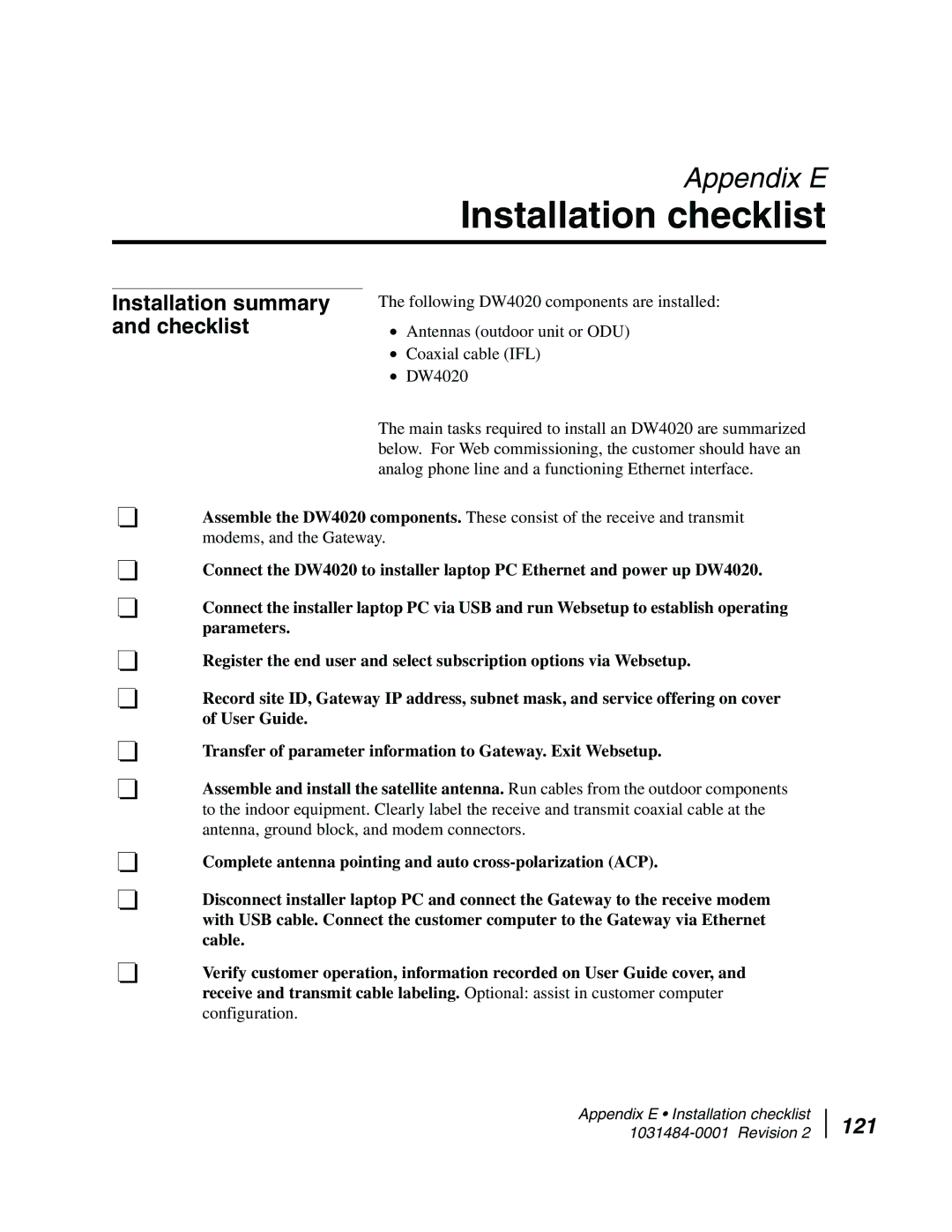 Hughes DW4020 manual Installation checklist, 121 