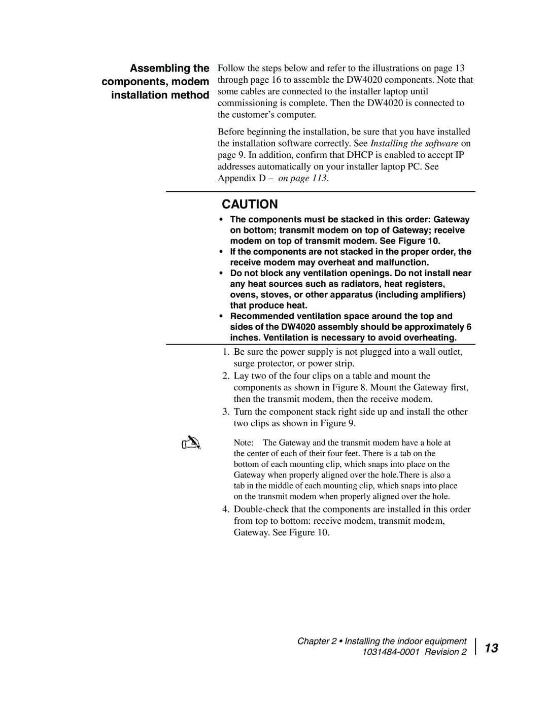 Hughes DW4020 manual Assembling the components, modem installation method 