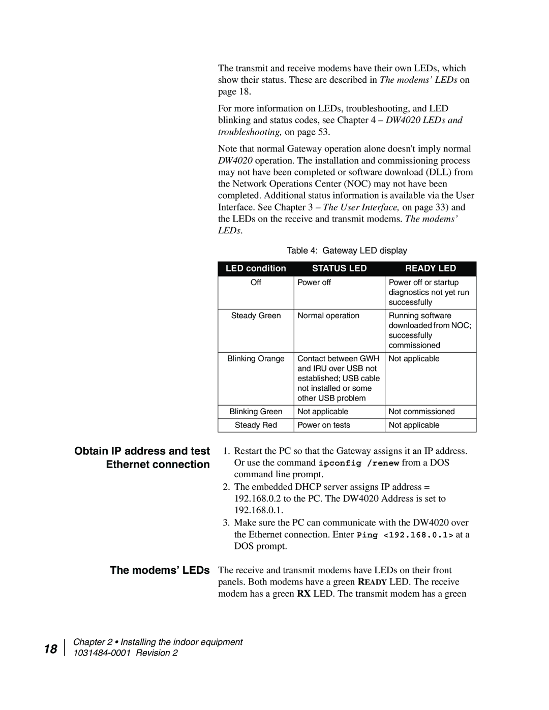 Hughes DW4020 manual Obtain IP address and test Ethernet connection, Status LED Ready LED 