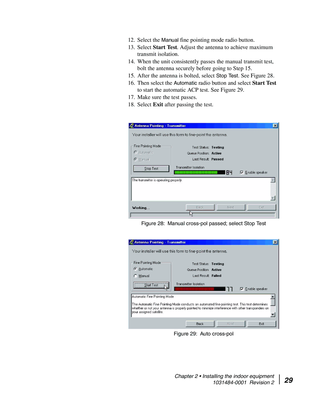 Hughes DW4020 manual Manual cross-pol passed select Stop Test 