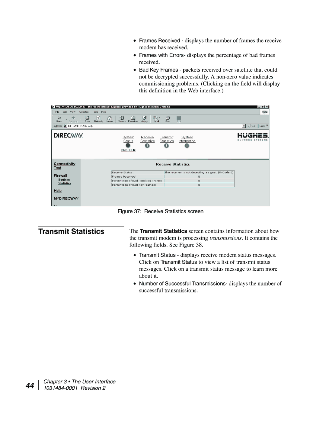 Hughes DW4020 manual Transmit Statistics, Receive Statistics screen 