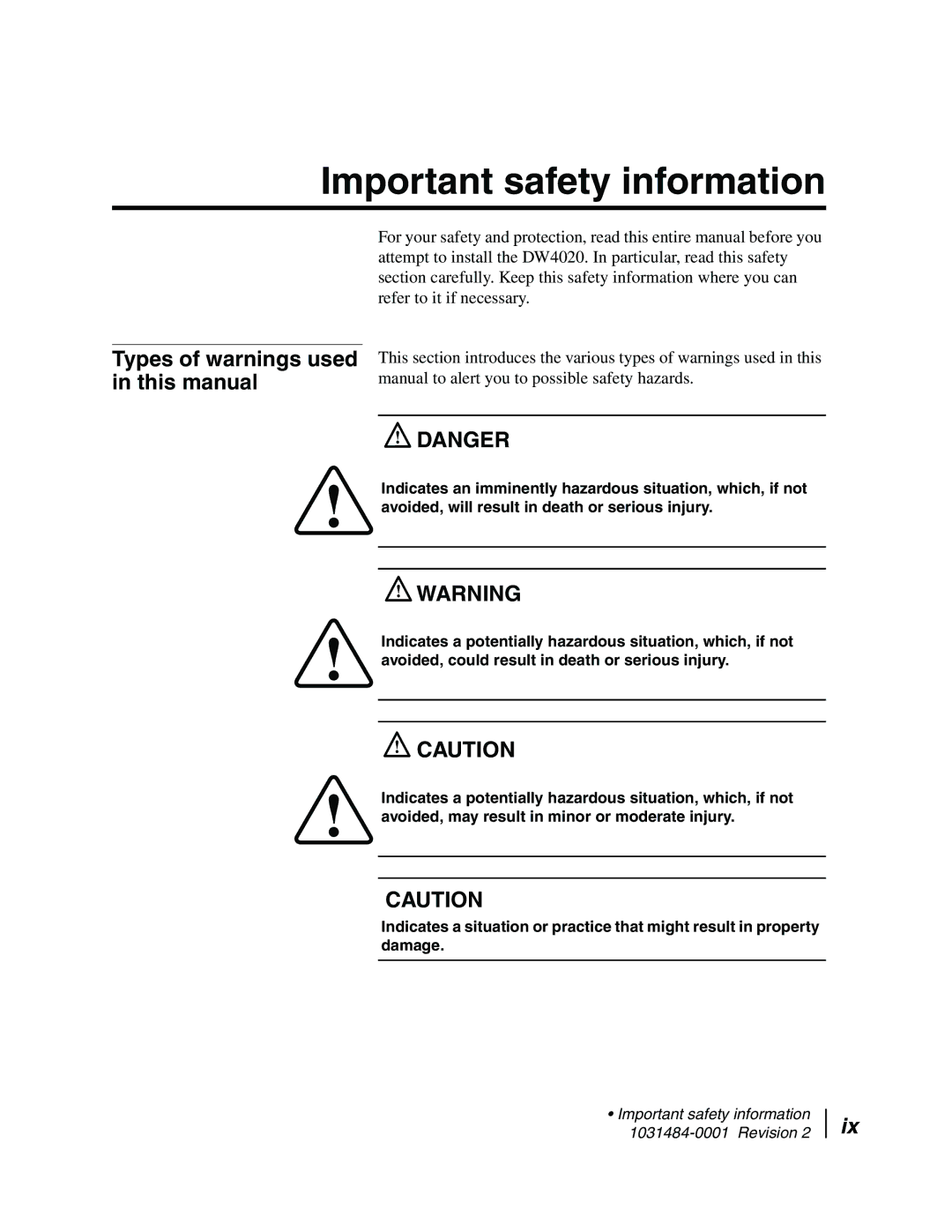 Hughes DW4020 Important safety information, Types of warnings used in this manual 