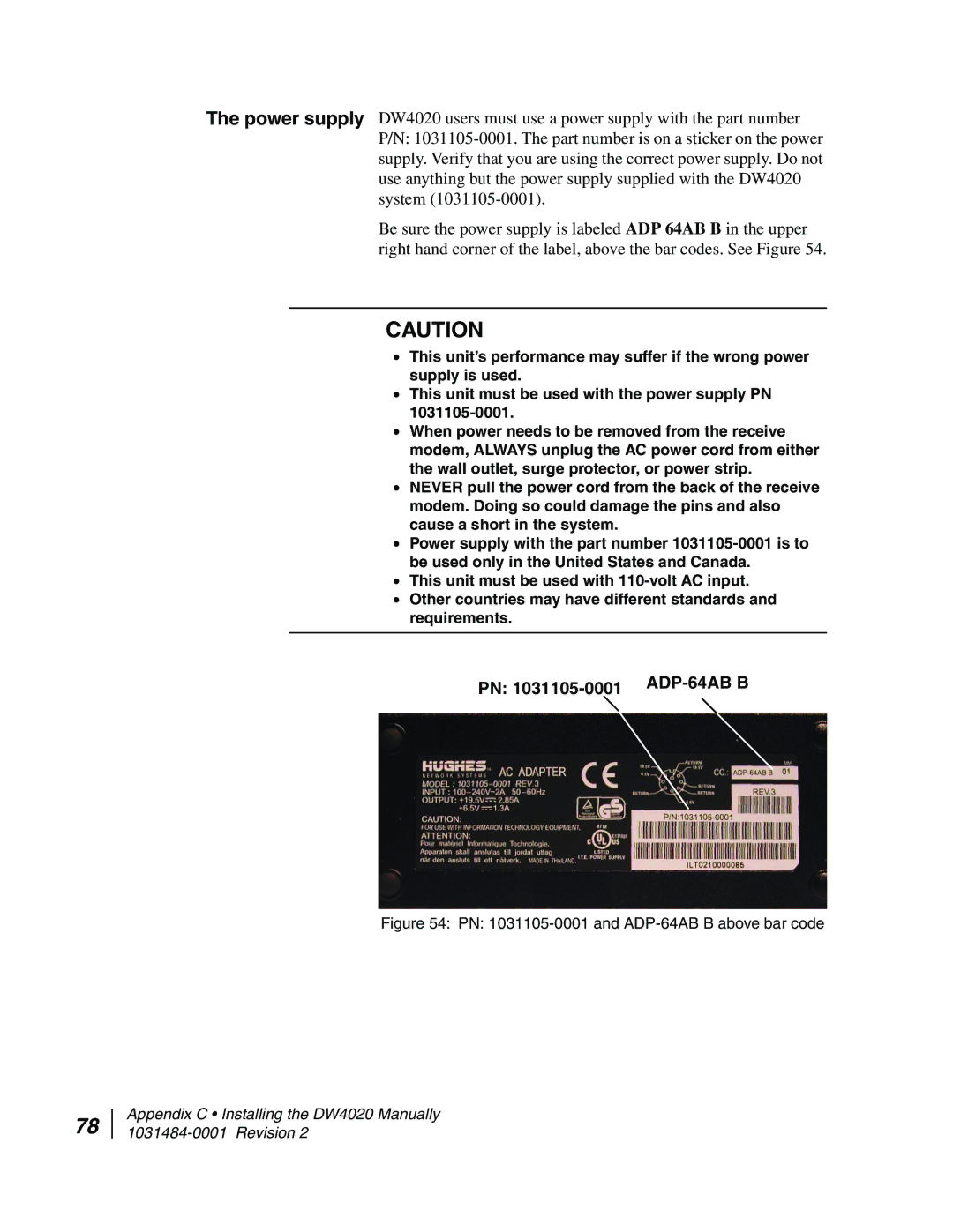 Hughes DW4020 manual PN 1031105-0001 and ADP-64AB B above bar code 