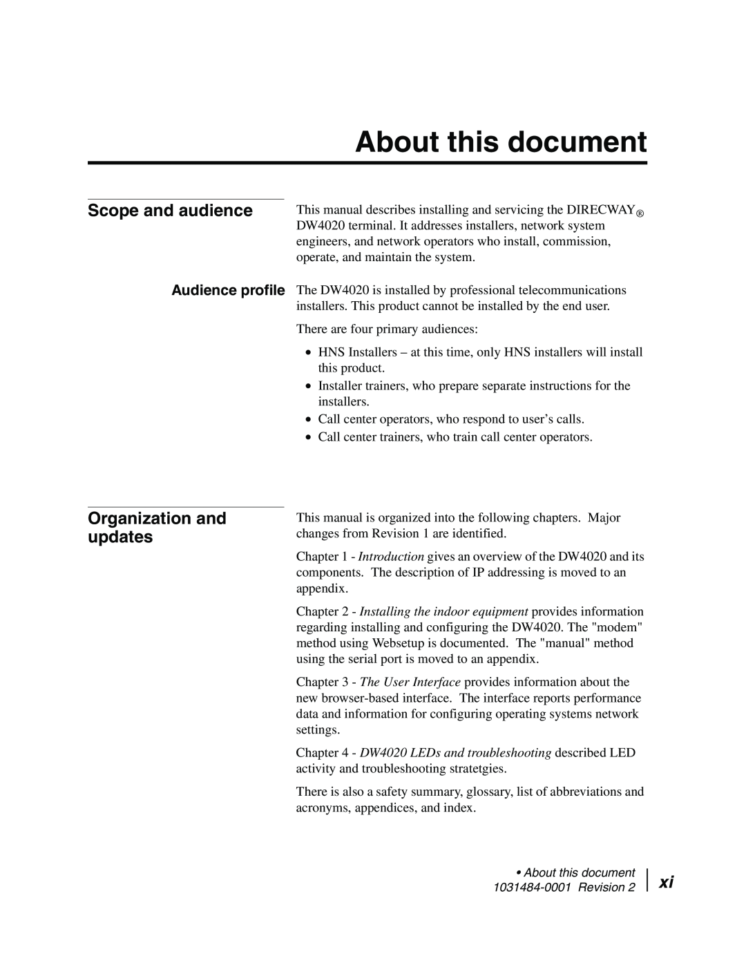 Hughes DW4020 manual About this document, Scope and audience, Organization and updates, Audience profile 