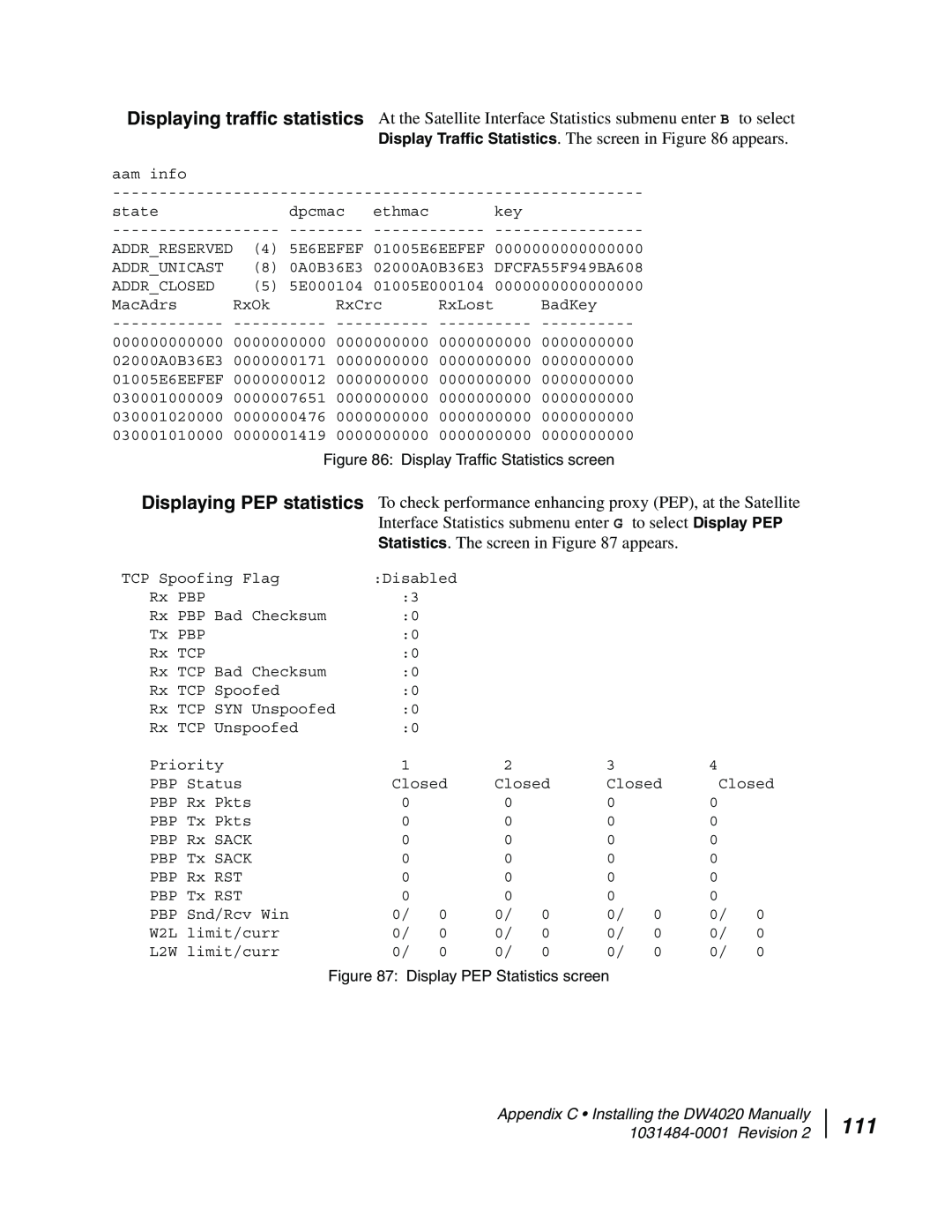 Hughes DW4020 manual Display Traffic Statistics screen, Display PEP Statistics screen 