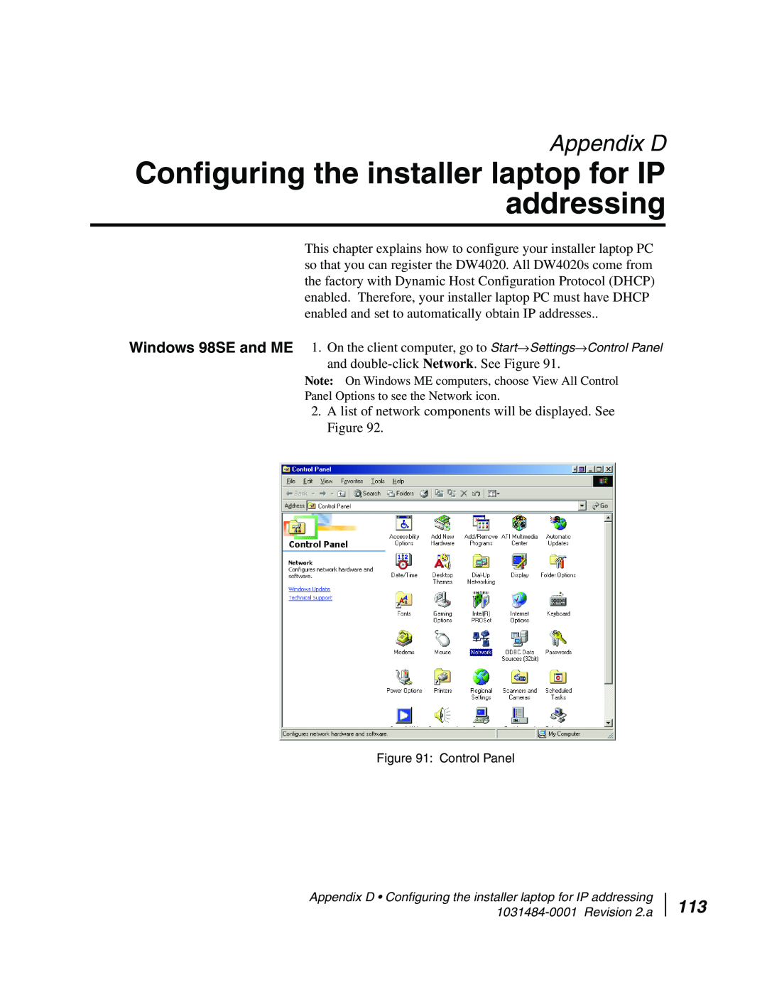Hughes DW4020 manual Configuring the installer laptop for IP addressing, Appendix D 