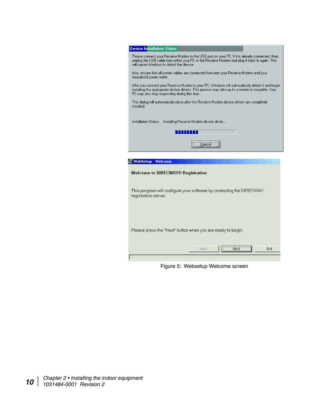 Hughes DW4020 Device Installation Status, Websetup Welcome screen, Installing the indoor equipment 1031484-0001 Revision 