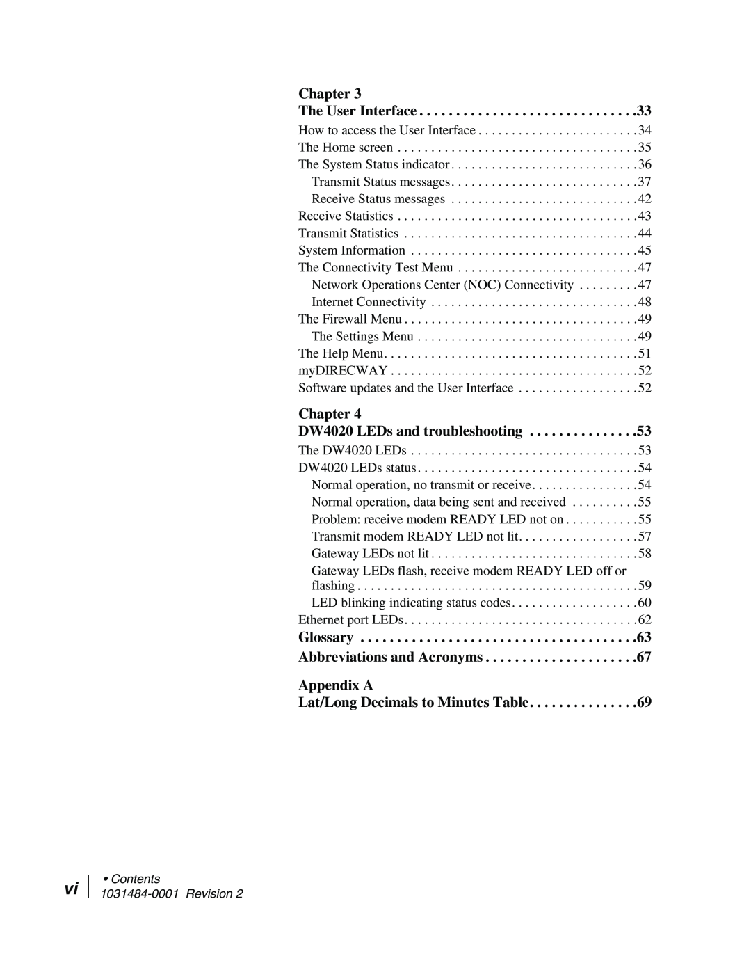 Hughes manual Chapter The User Interface, Chapter DW4020 LEDs and troubleshooting, Contents 1031484-0001 Revision 