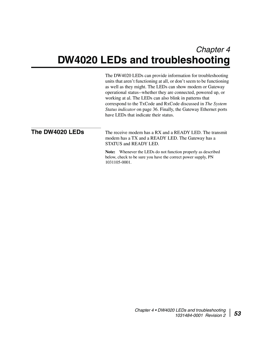Hughes manual DW4020 LEDs and troubleshooting, The DW4020 LEDs, Chapter 