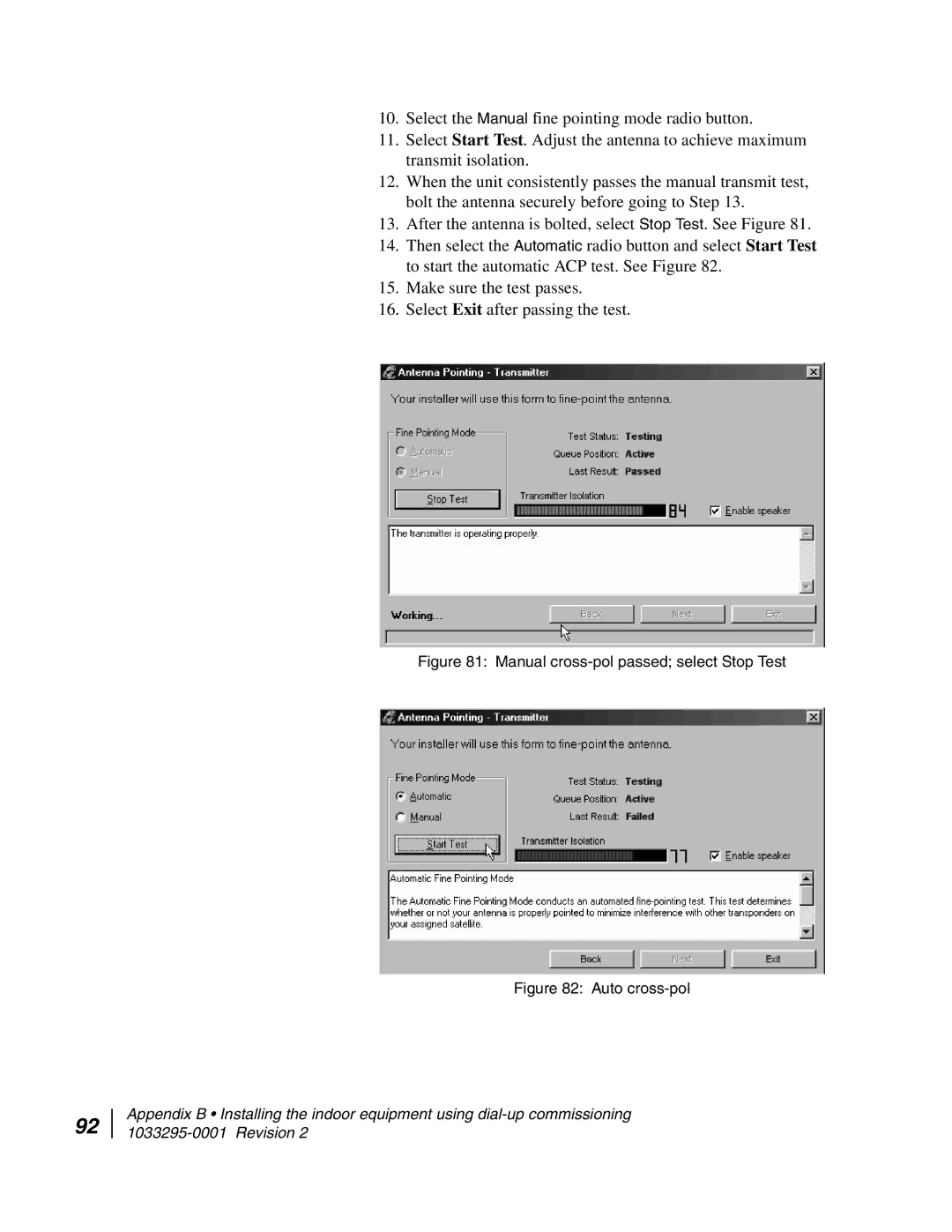 Hughes DW6000 manual Manual cross-pol passed select Stop Test 