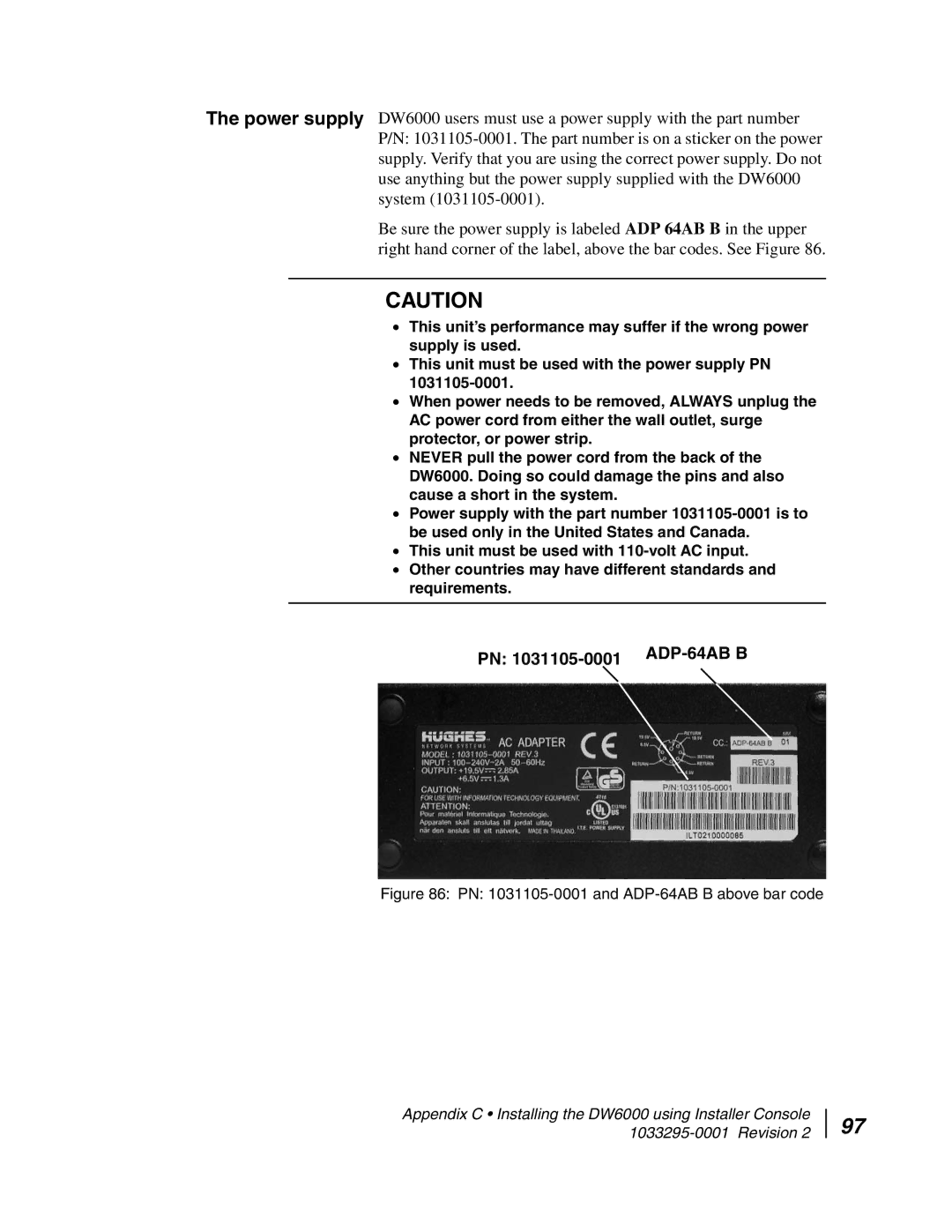 Hughes DW6000 manual PN 1031105-0001 and ADP-64AB B above bar code 