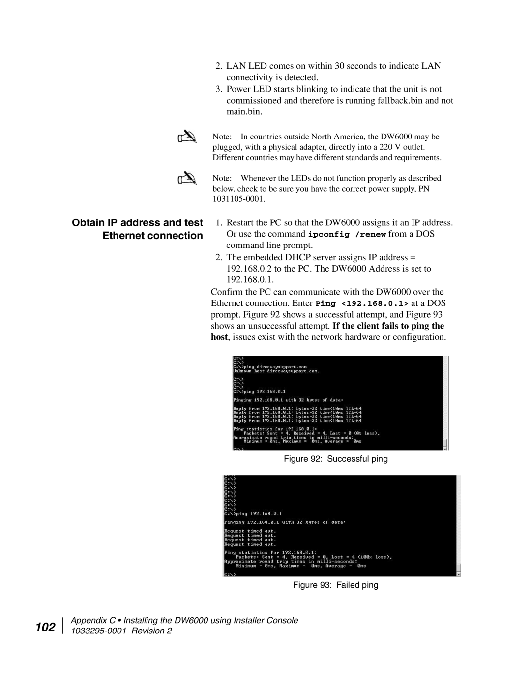 Hughes DW6000 manual 102, Obtain IP address and test Ethernet connection 