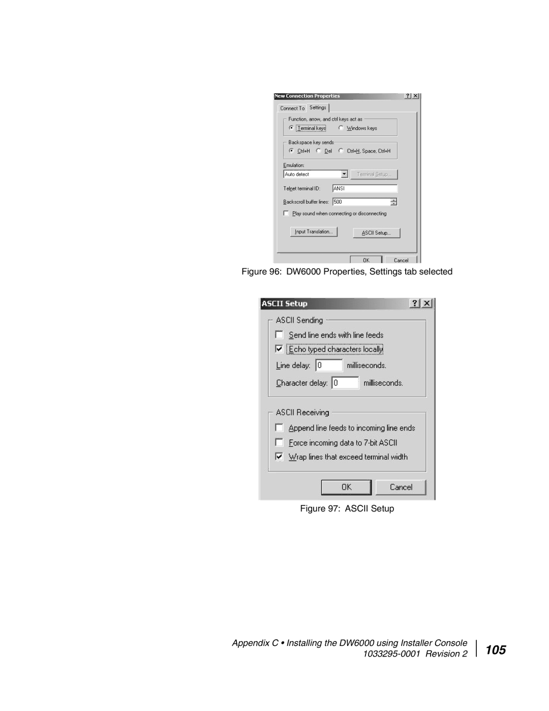 Hughes manual 105, DW6000 Properties, Settings tab selected 