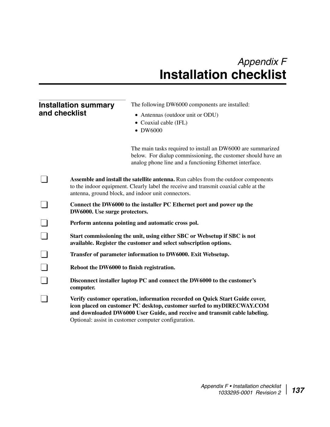 Hughes DW6000 manual Installation checklist, 137 