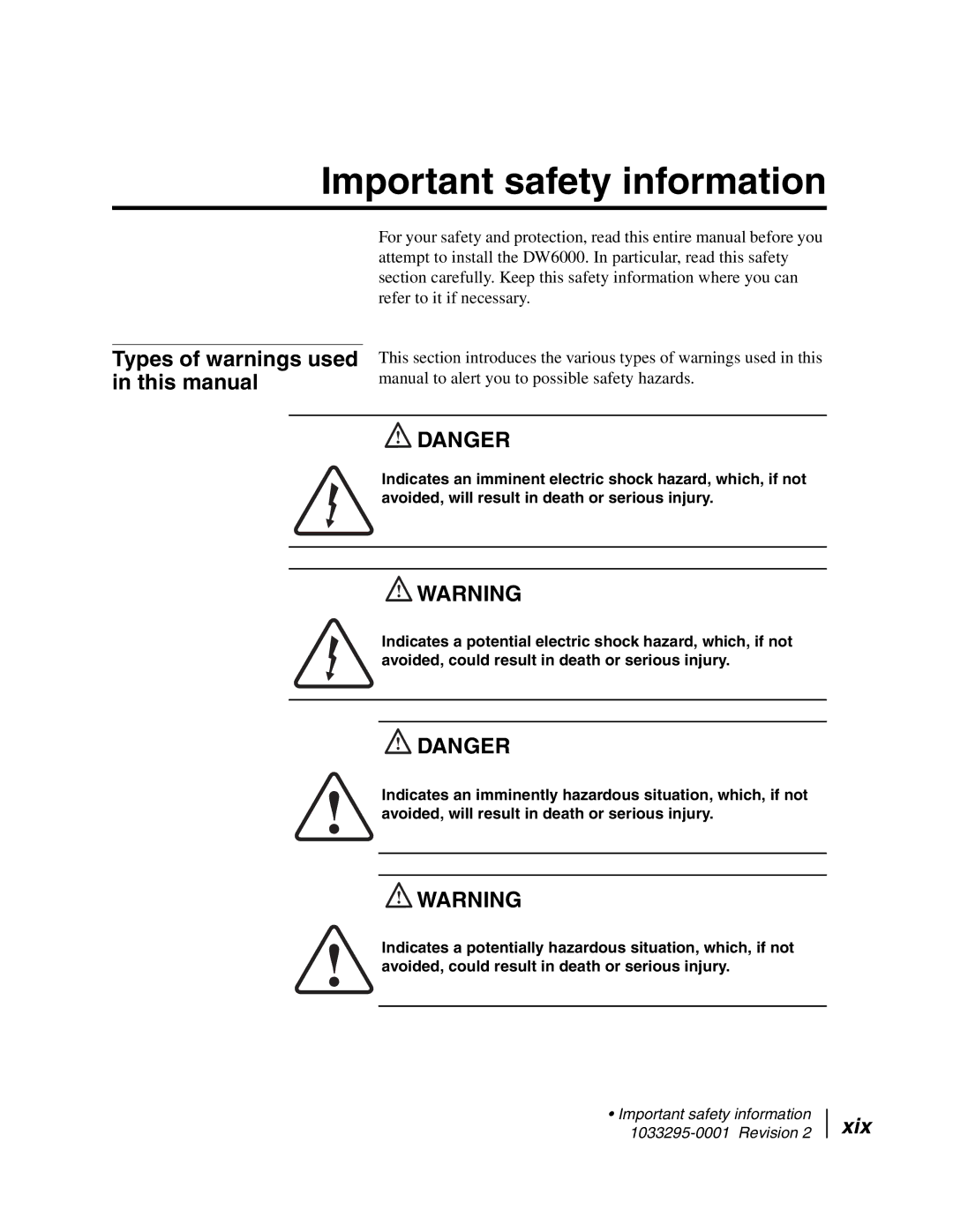 Hughes DW6000 Important safety information, This manual, Xix 