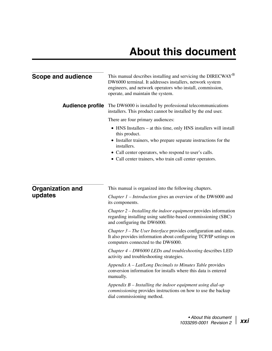 Hughes DW6000 manual About this document, Scope and audience, Organization and updates, Xxi, Audience profile 