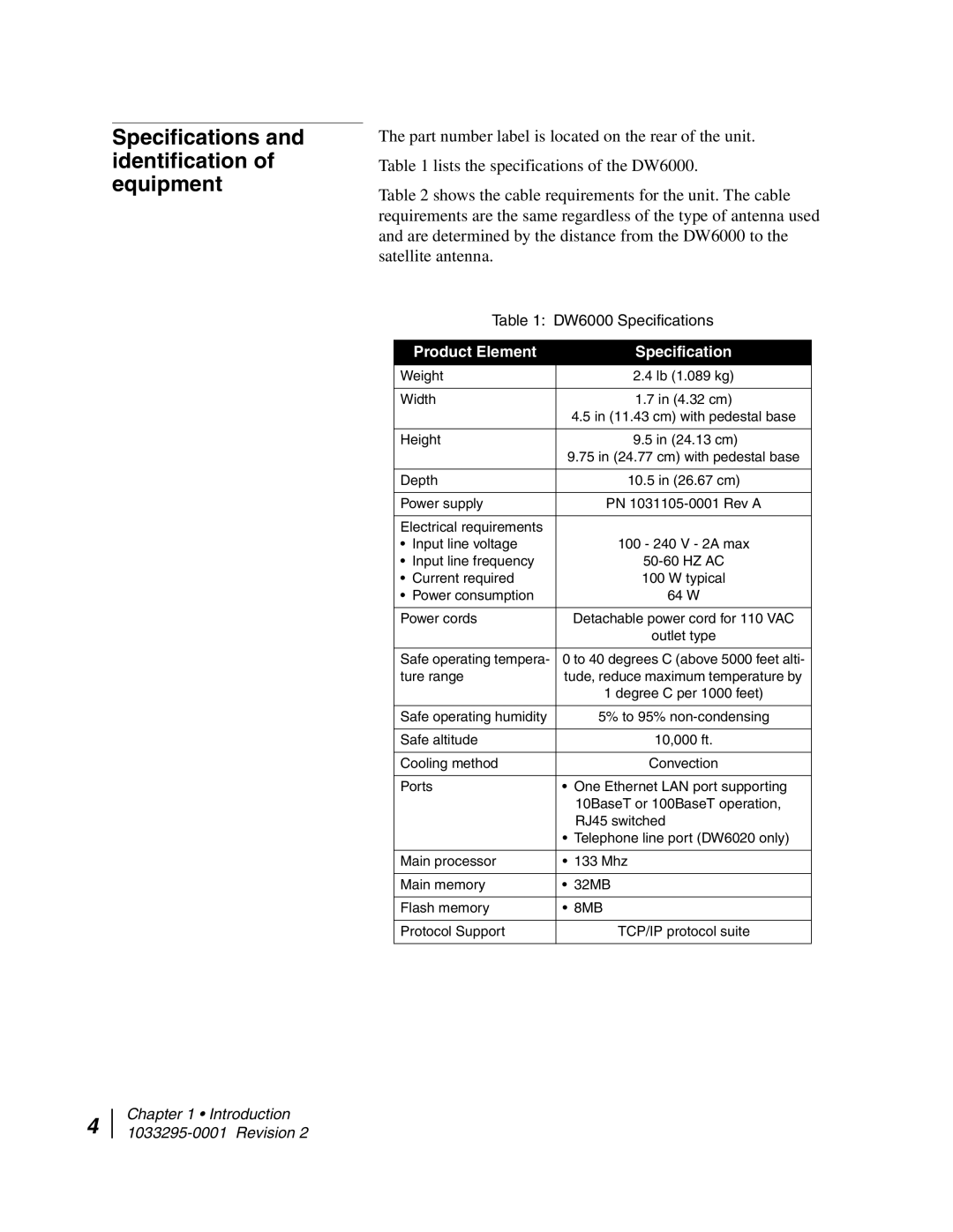 Hughes DW6000 manual Specifications and identification of equipment, Product Element Specification 