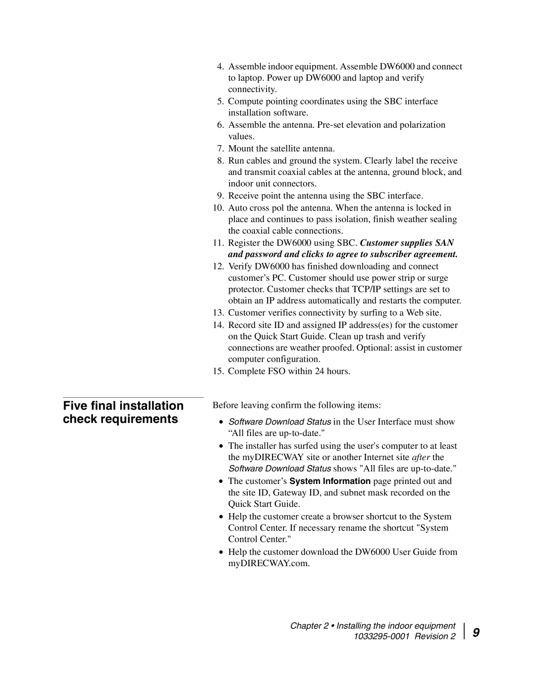 Hughes DW6000 manual Five final installation check requirements 