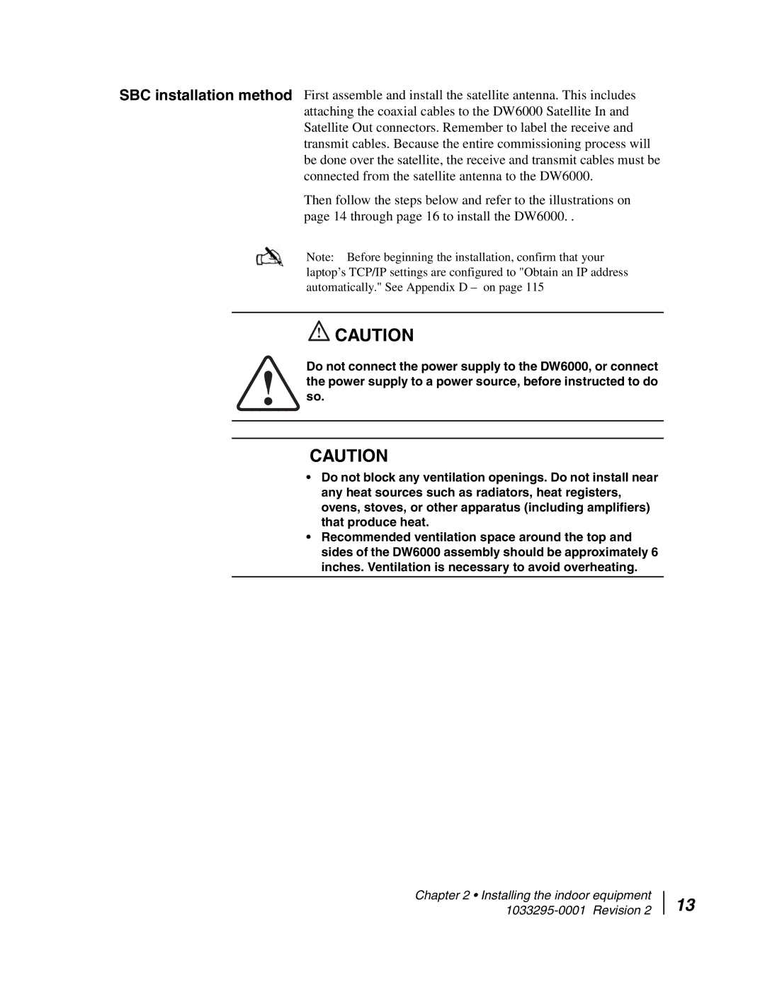 Hughes DW6000 manual Installing the indoor equipment 1033295-0001 Revision 