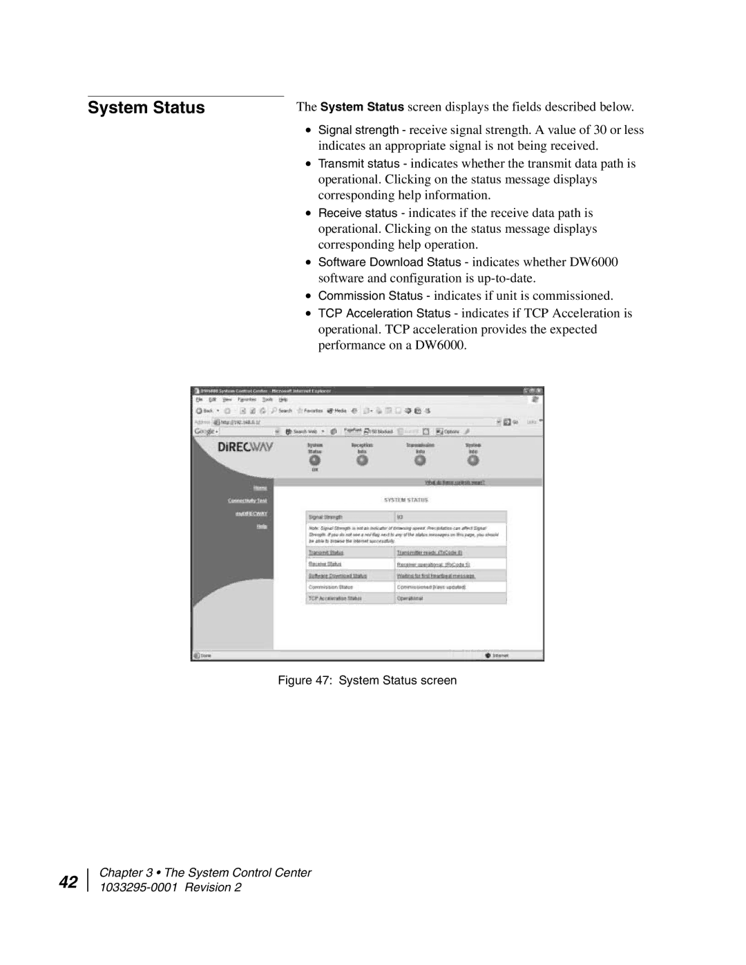 Hughes DW6000 manual System Status screen 