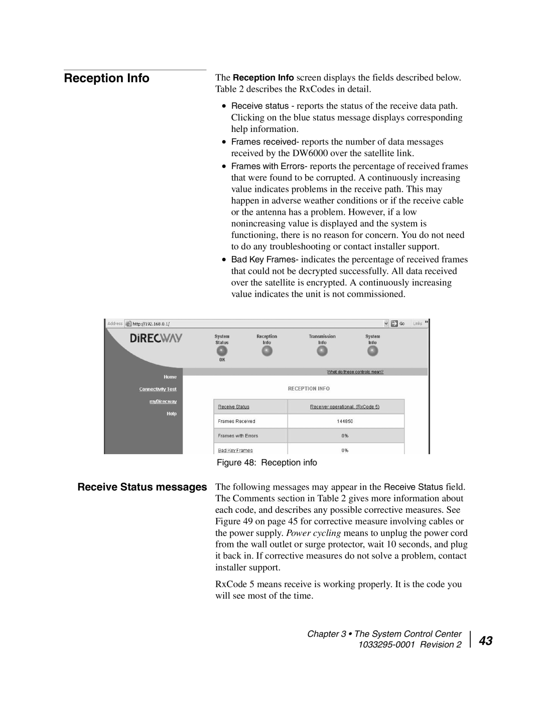 Hughes DW6000 manual Reception Info, Reception info 