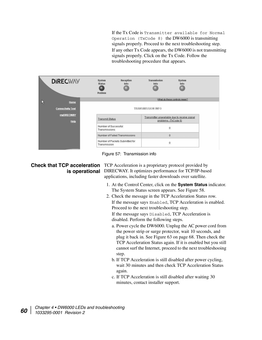 Hughes DW6000 manual Check that TCP acceleration is operational, Transmission info 