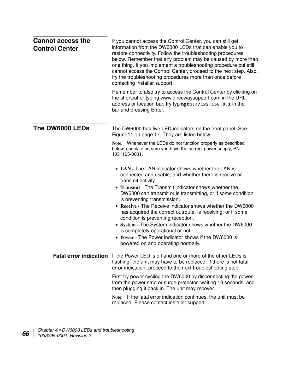 Hughes manual Cannot access the Control Center DW6000 LEDs 