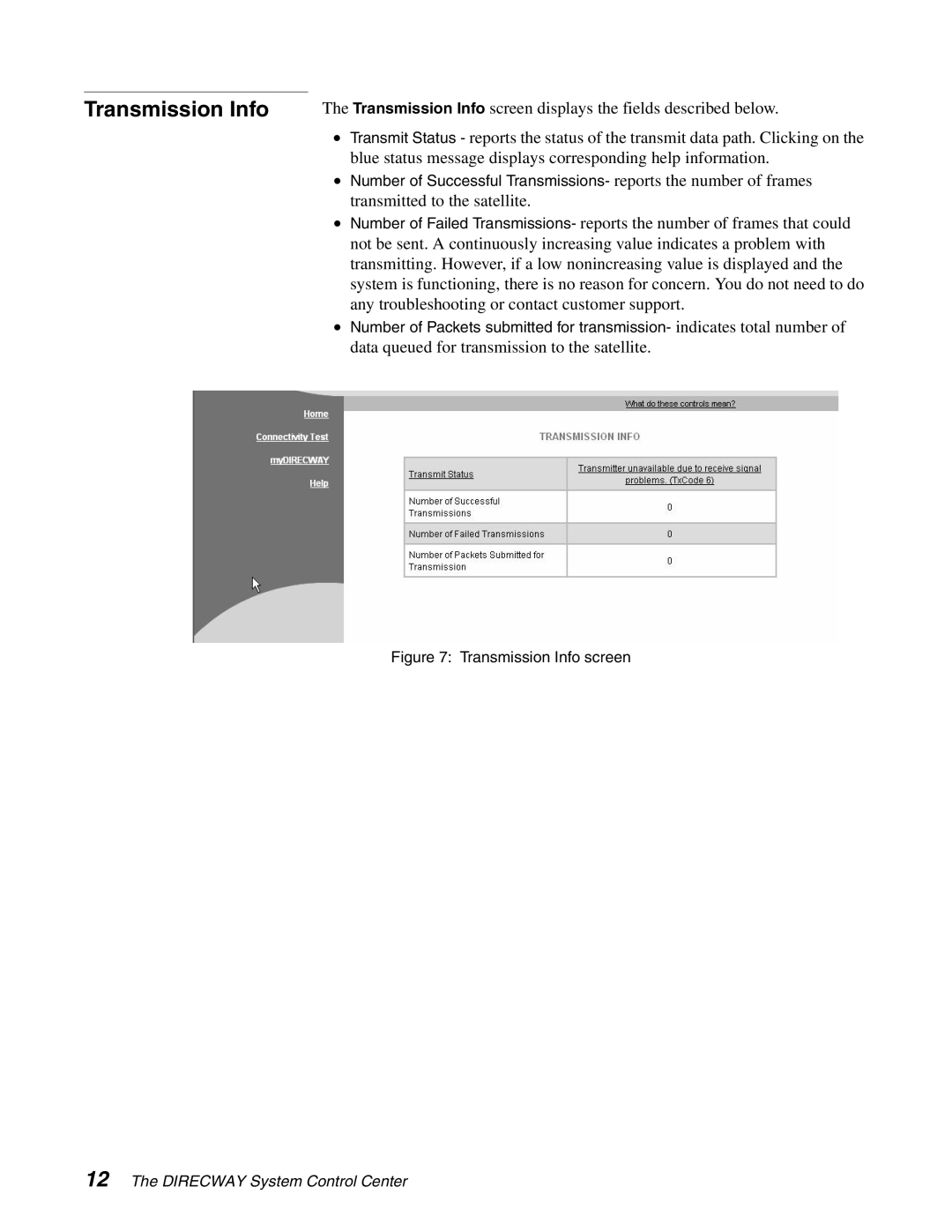 Hughes DW6000 manual Transmission Info screen 